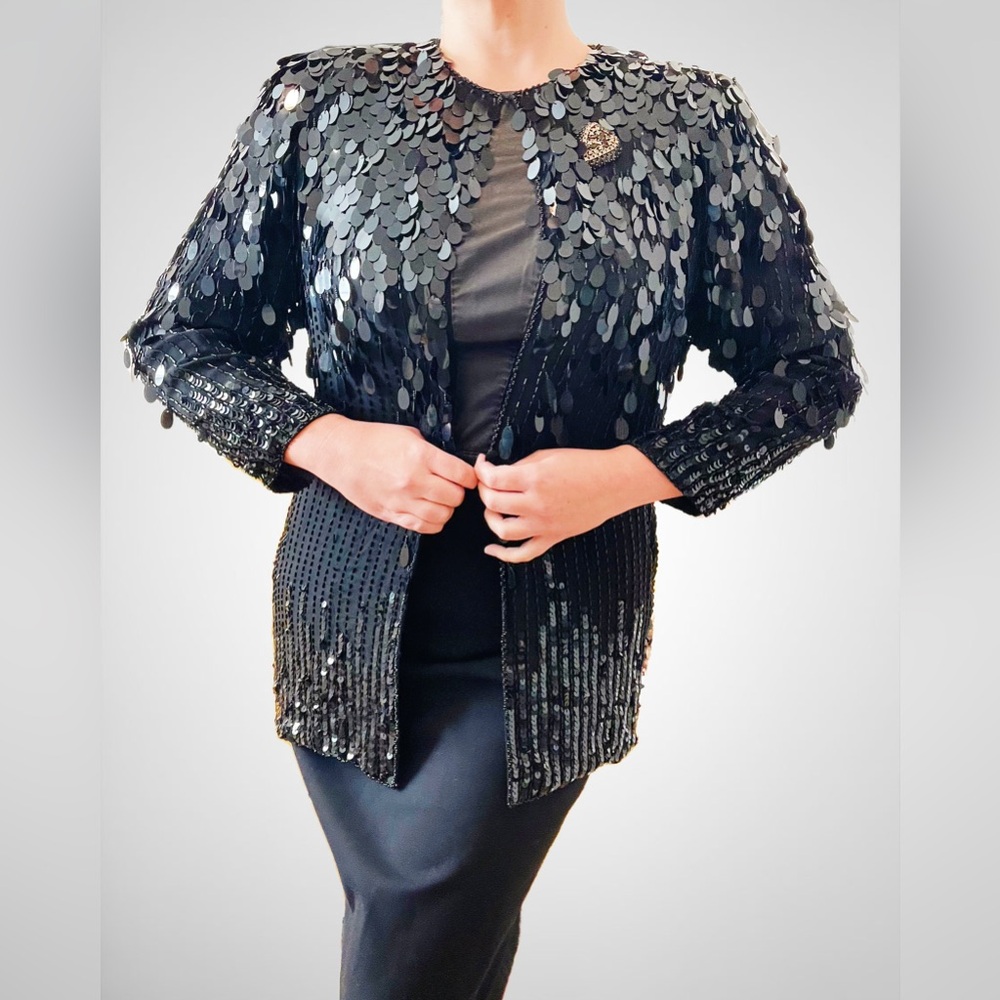 Vintage 70s Oleg Cassini Black Silk Beaded & Paillette Formal Jacket - Picture 2 of 7